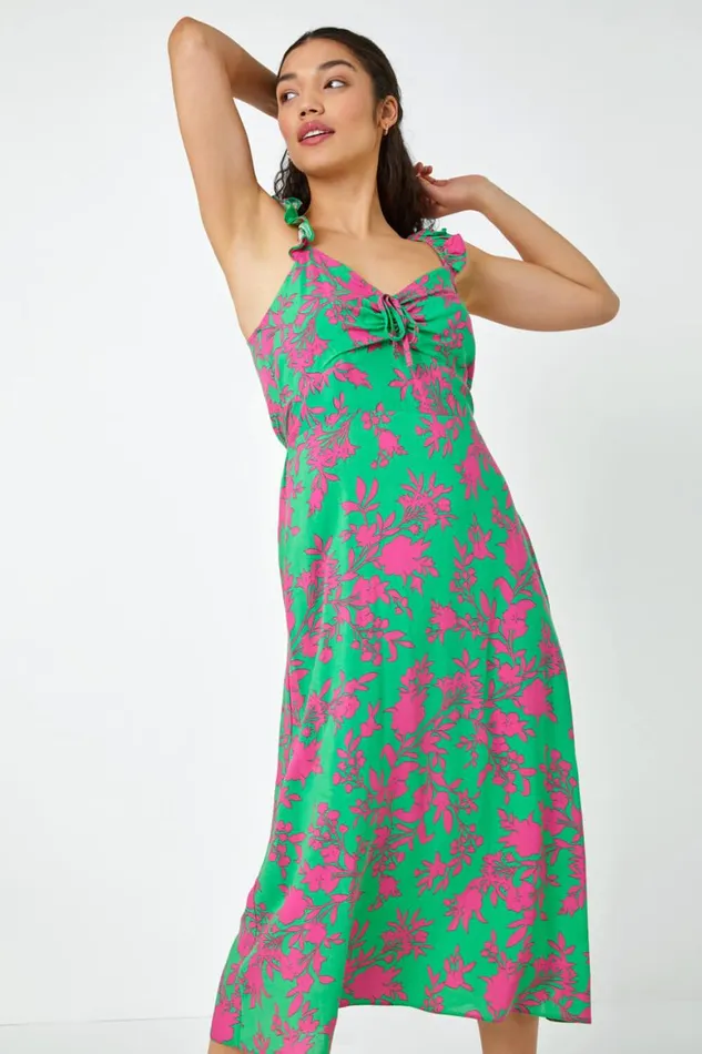 Women Green Floral Print Midi Sundress Roman Dresses