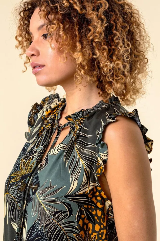 Women Green Frill Detail Tropical Print Top Roman Tops