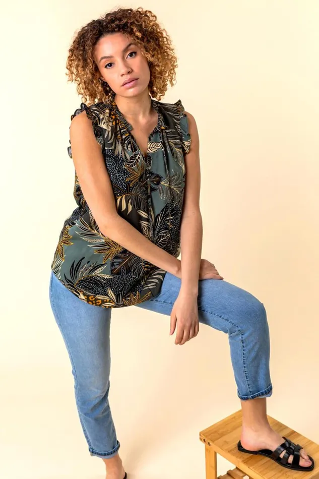 Women Green Frill Detail Tropical Print Top Roman Tops