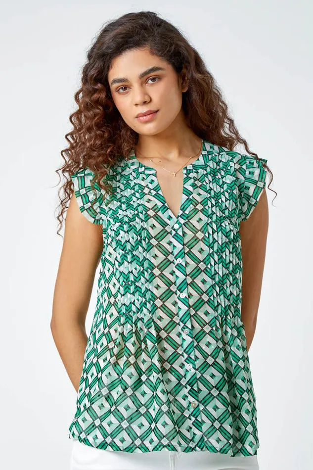 Women Green Frill Sleeve Geometric Print VNeck Blouse Roman Tops