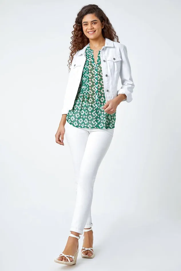 Women Green Frill Sleeve Geometric Print VNeck Blouse Roman Tops