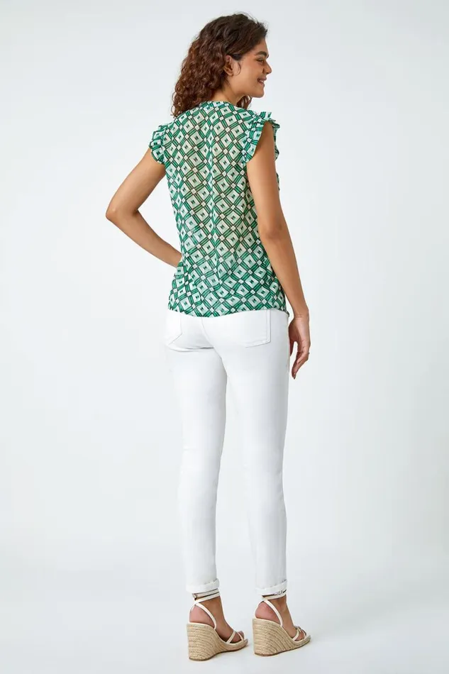 Women Green Frill Sleeve Geometric Print VNeck Blouse Roman Tops