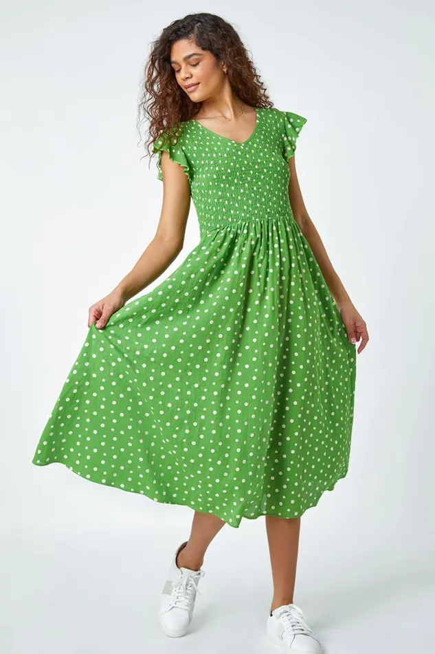 Women Green Frill Sleeve Spot Shirred Midi Dress Roman Dresses