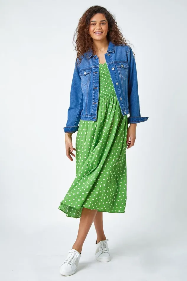 Women Green Frill Sleeve Spot Shirred Midi Dress Roman Dresses
