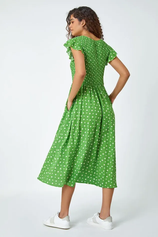 Women Green Frill Sleeve Spot Shirred Midi Dress Roman Dresses