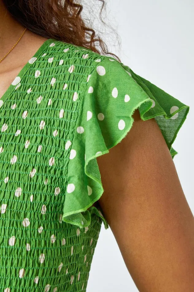 Women Green Frill Sleeve Spot Shirred Midi Dress Roman Dresses