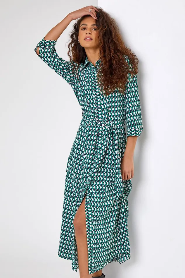 Women Green Geometric Print Tie Waist Midi Shirt Dress Roman Dresses