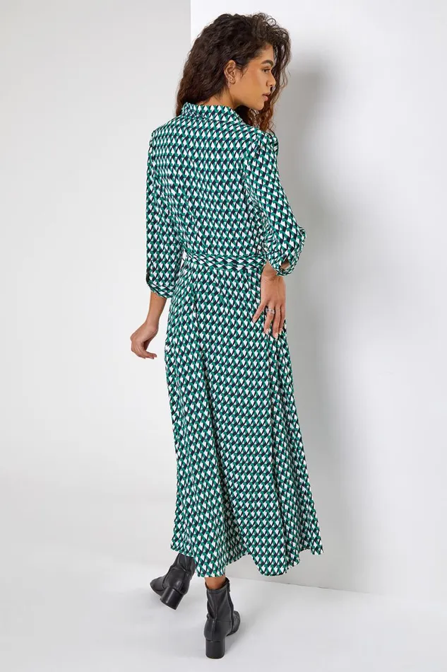 Women Green Geometric Print Tie Waist Midi Shirt Dress Roman Dresses