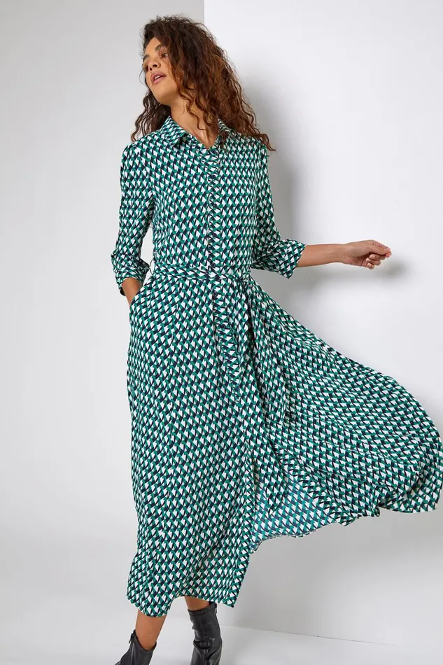 Women Green Geometric Print Tie Waist Midi Shirt Dress Roman Dresses