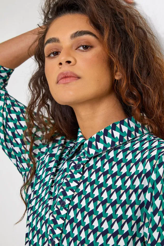 Women Green Geometric Print Tie Waist Midi Shirt Dress Roman Dresses