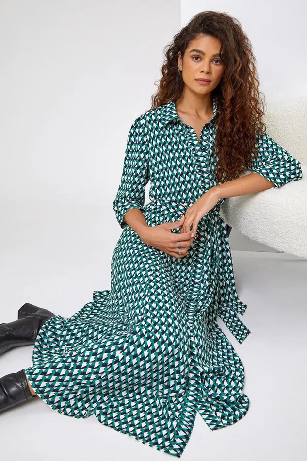 Women Green Geometric Print Tie Waist Midi Shirt Dress Roman Dresses