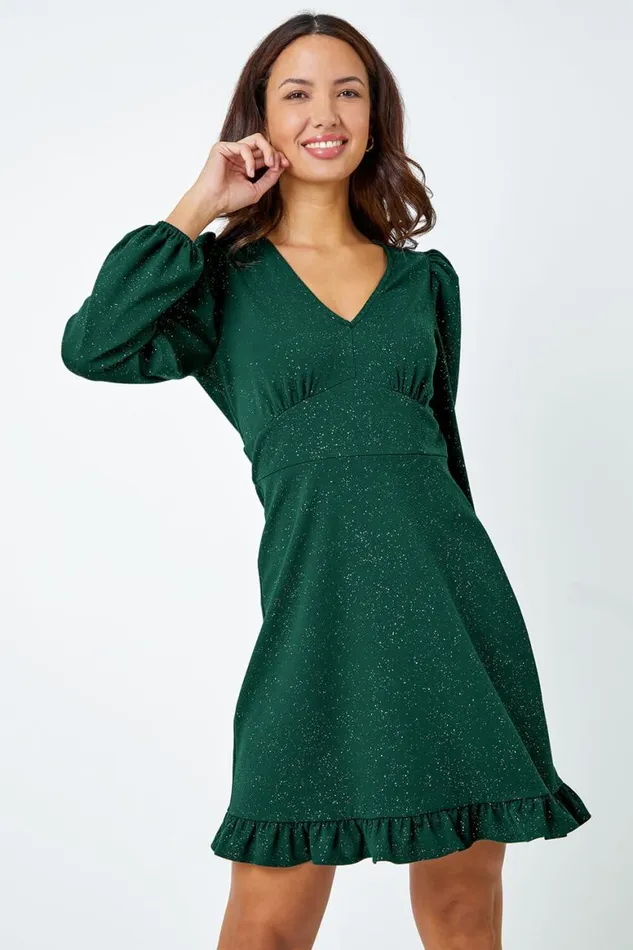 Women Green Glitter Frill Hem Skater Dress Roman Dresses