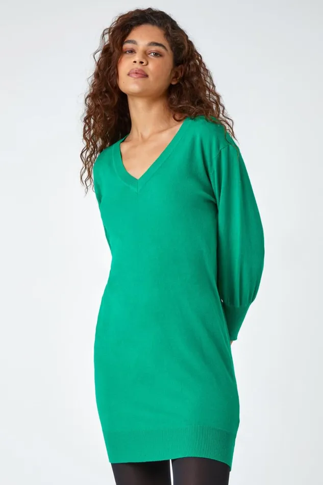 Women Green Longline Knitted Jumper Dress Roman Dresses