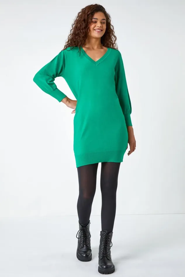 Women Green Longline Knitted Jumper Dress Roman Dresses