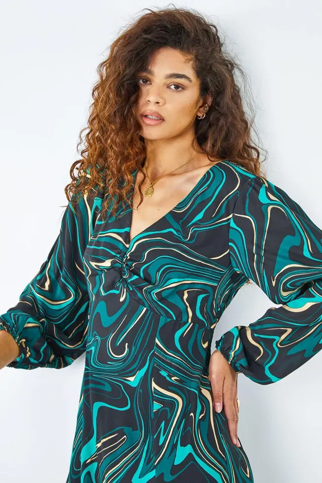 Women Green Marble Print Midi Dress Roman Dresses