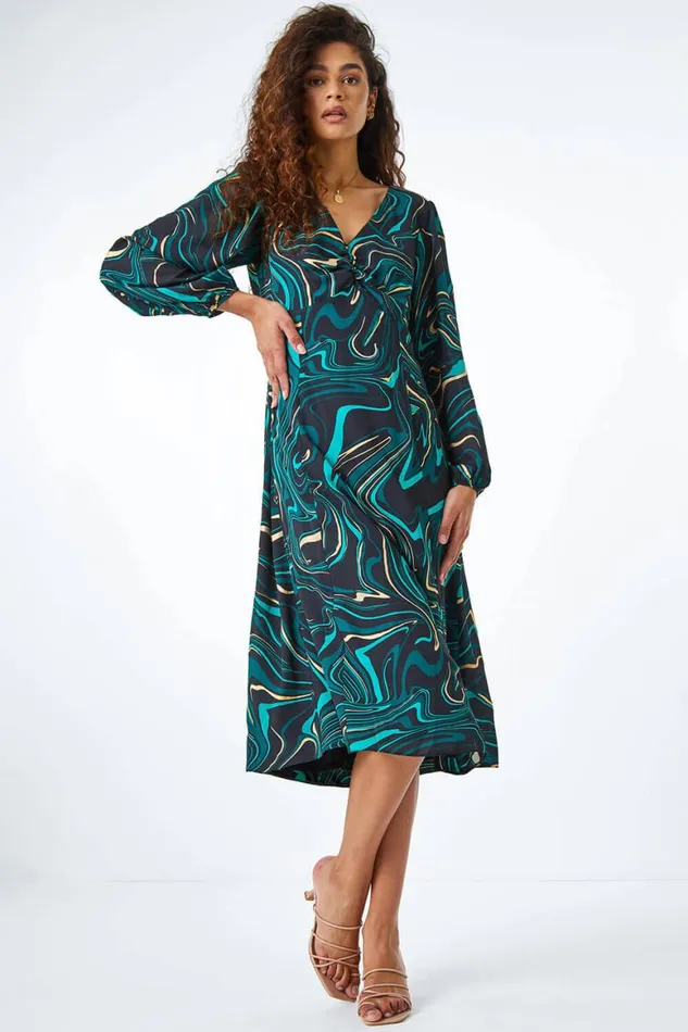 Women Green Marble Print Midi Dress Roman Dresses