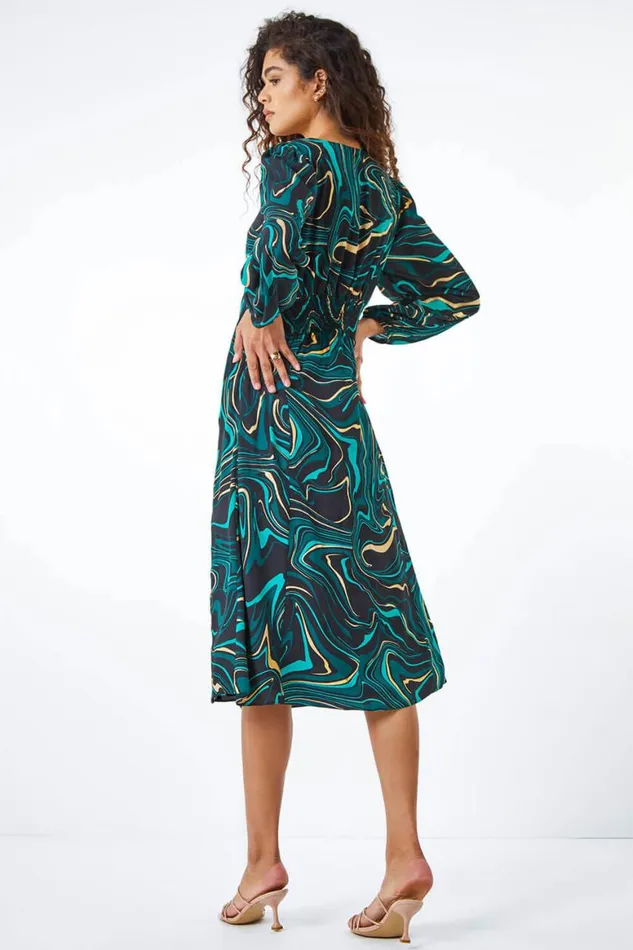 Women Green Marble Print Midi Dress Roman Dresses