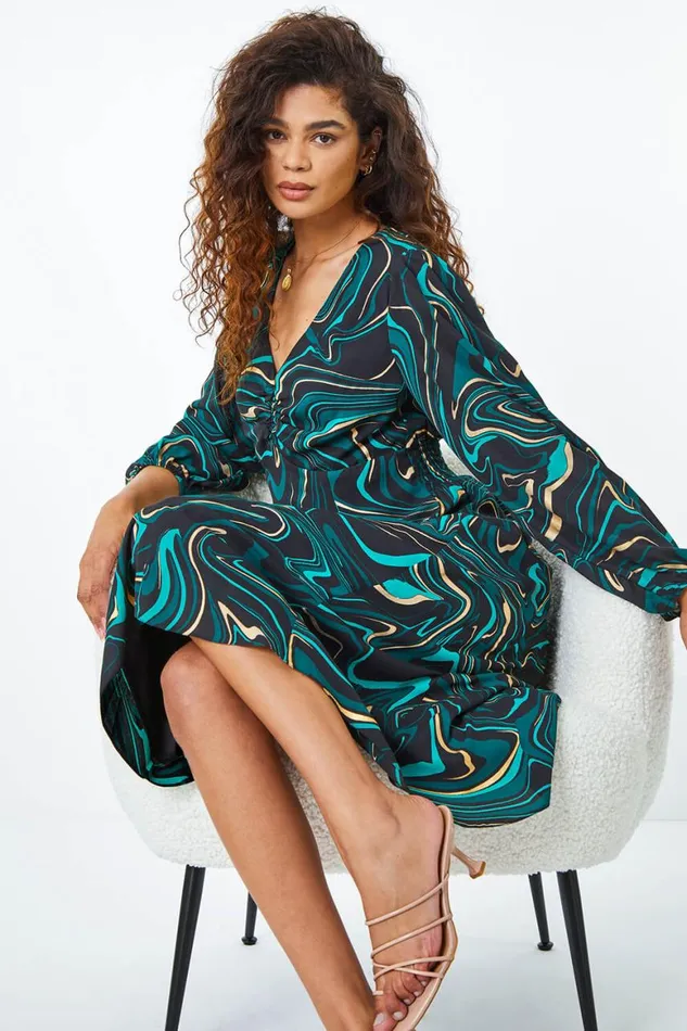 Women Green Marble Print Midi Dress Roman Dresses