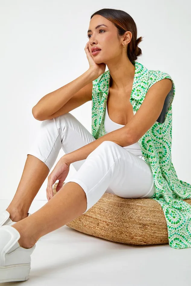 Women Green Mosaic Print Sleeveless Blouse Roman Tops