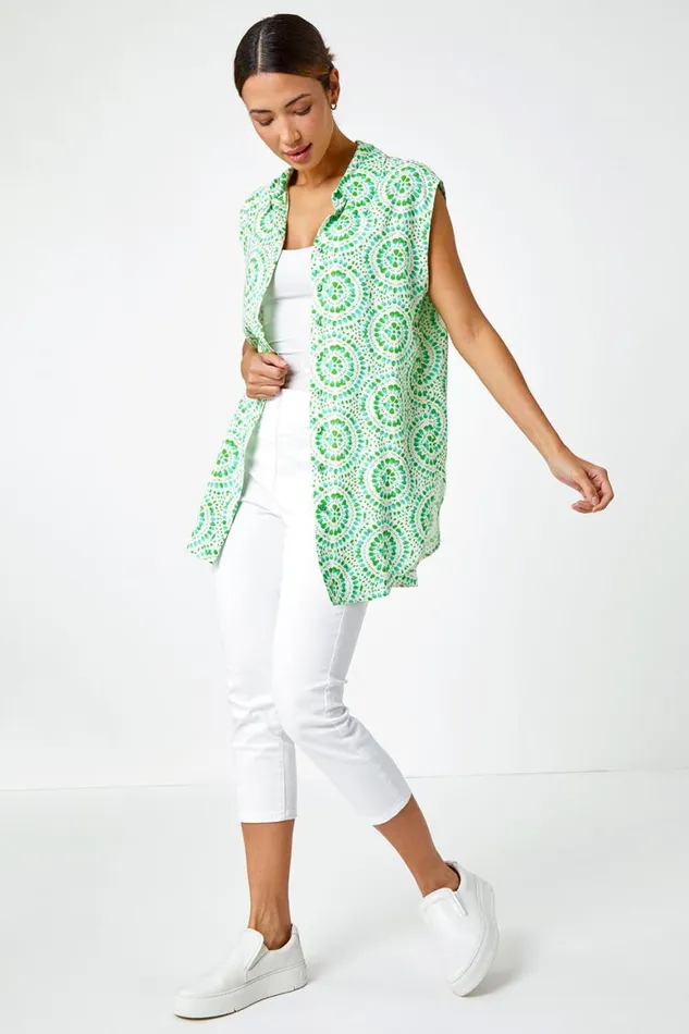 Women Green Mosaic Print Sleeveless Blouse Roman Tops
