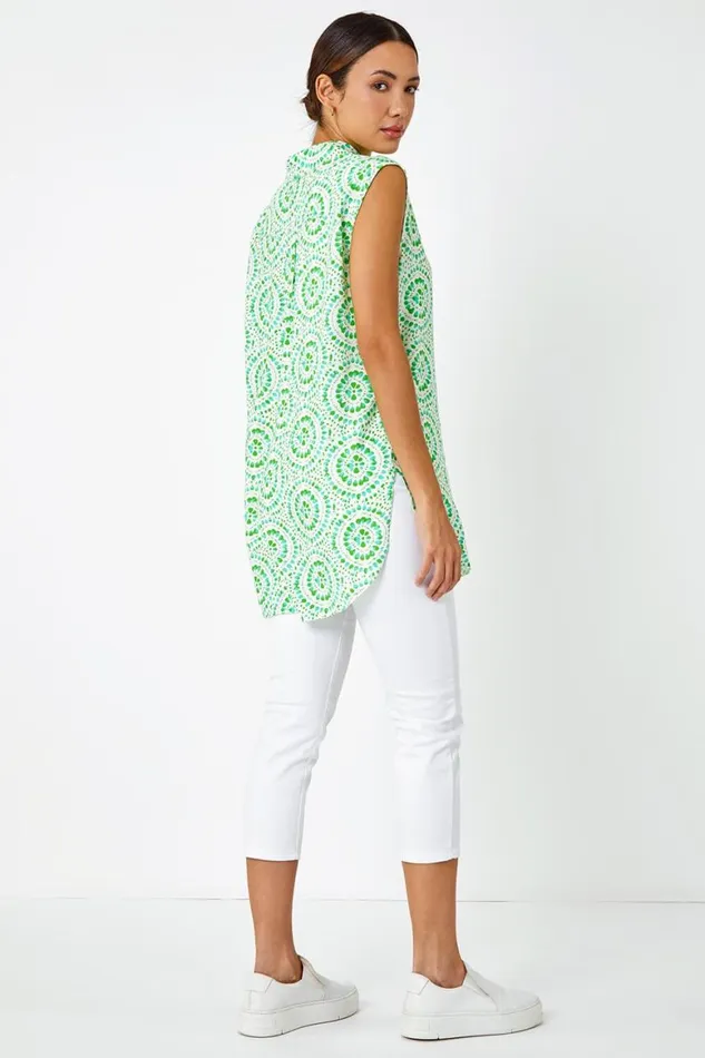 Women Green Mosaic Print Sleeveless Blouse Roman Tops
