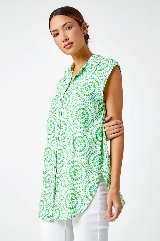 Women Green Mosaic Print Sleeveless Blouse Roman Tops