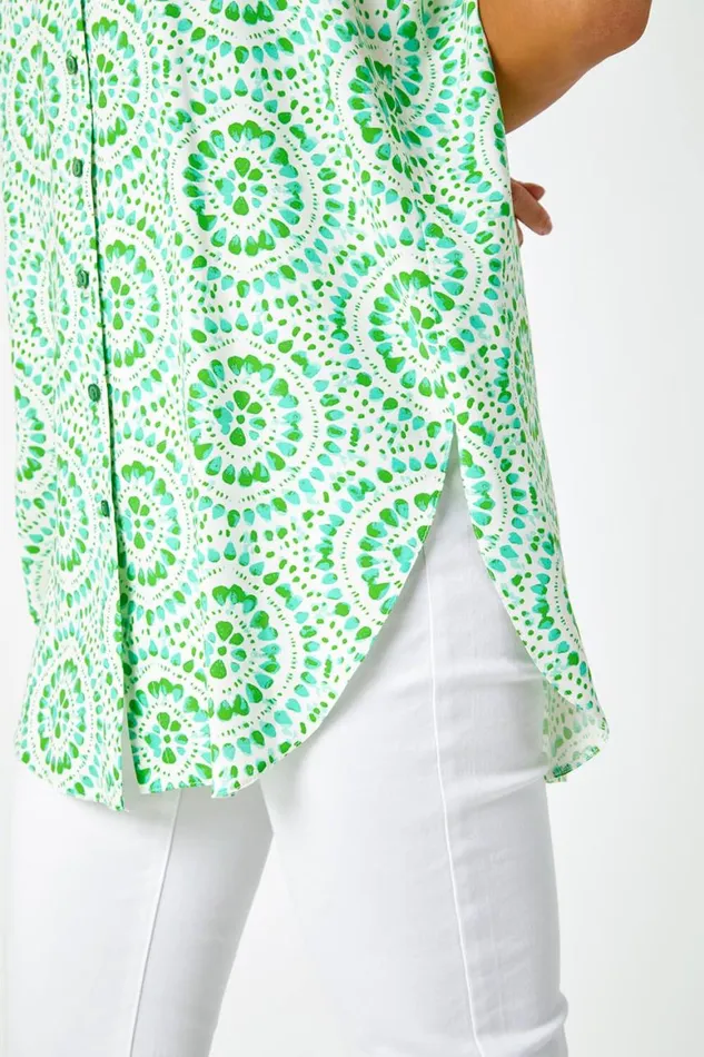 Women Green Mosaic Print Sleeveless Blouse Roman Tops