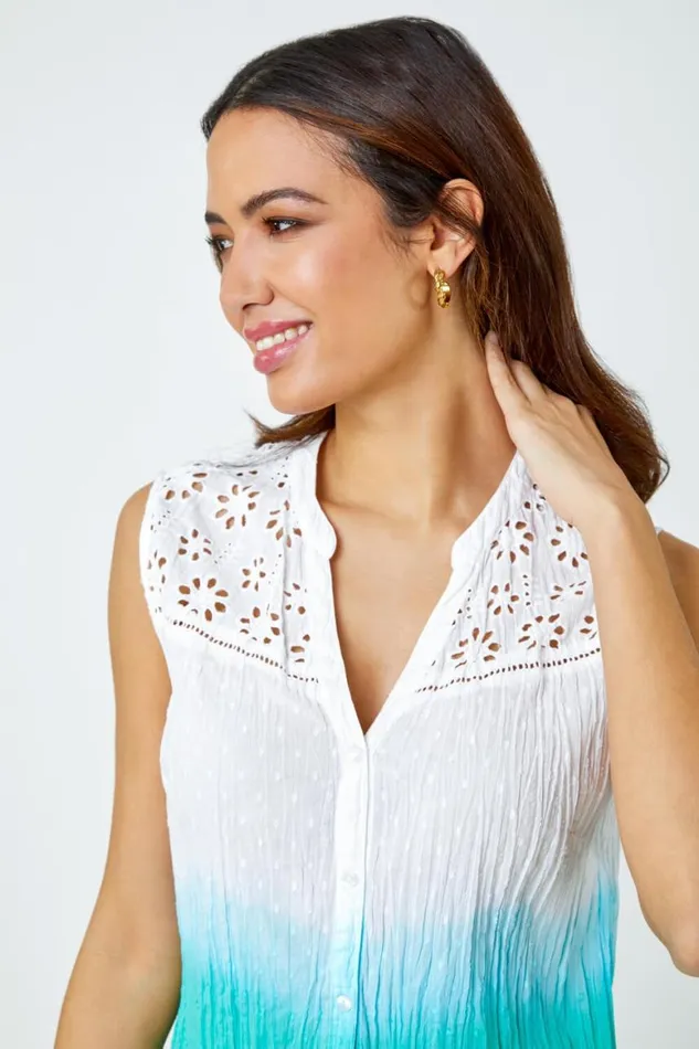 Women Green Ombre Embroidered Crinkle Blouse Roman Tops
