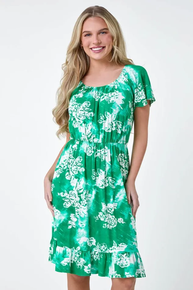 Women Green Petite Abstract Floral Stretch Frill Dress Roman Dresses