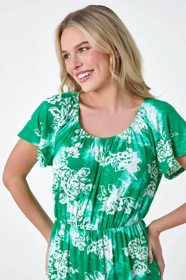 Women Green Petite Abstract Floral Stretch Frill Dress Roman Dresses