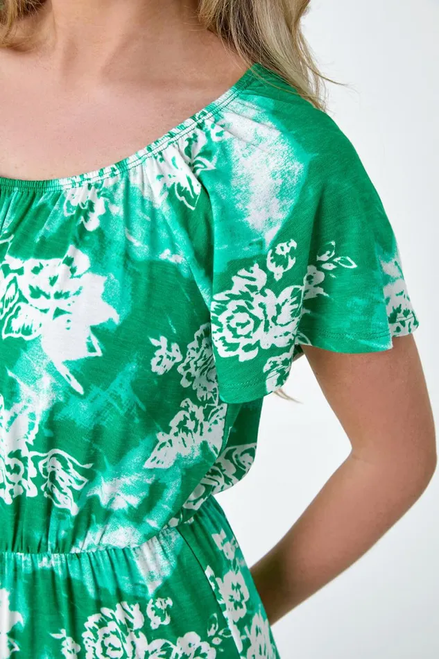 Women Green Petite Abstract Floral Stretch Frill Dress Roman Dresses