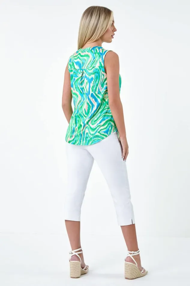 Women Green Petite Abstract Swirl Print Stretch Top Roman Tops