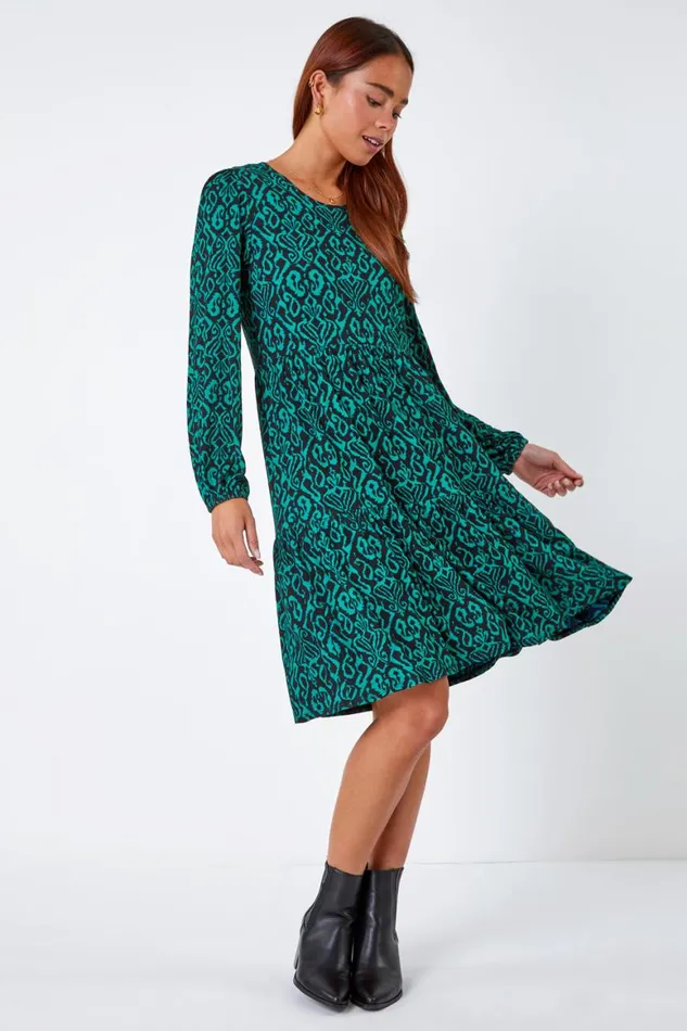 Women Green Petite Aztec Print Tiered Stretch Dress Roman Dresses