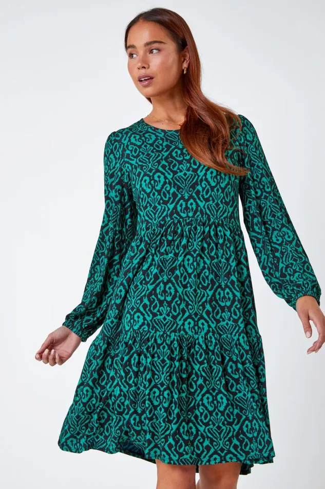 Women Green Petite Aztec Print Tiered Stretch Dress Roman Dresses