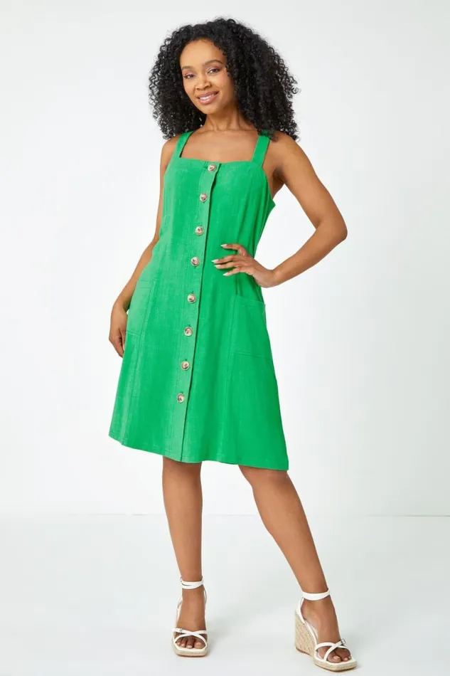 Women Green Petite Button Front Pocket Dress Roman Dresses