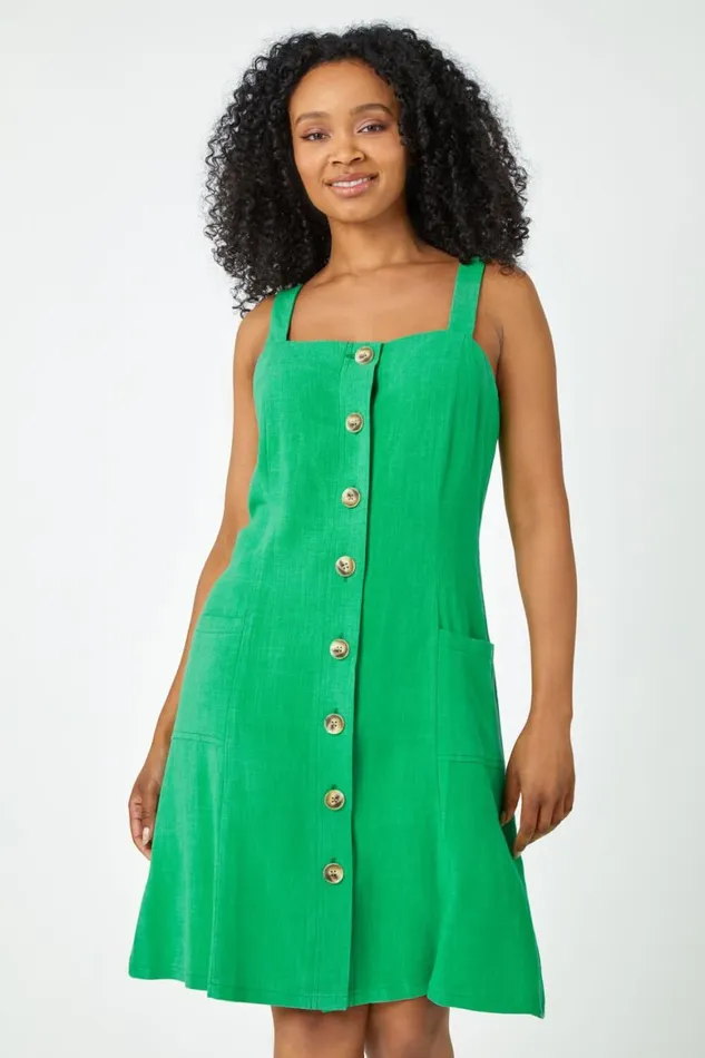 Women Green Petite Button Front Pocket Dress Roman Dresses