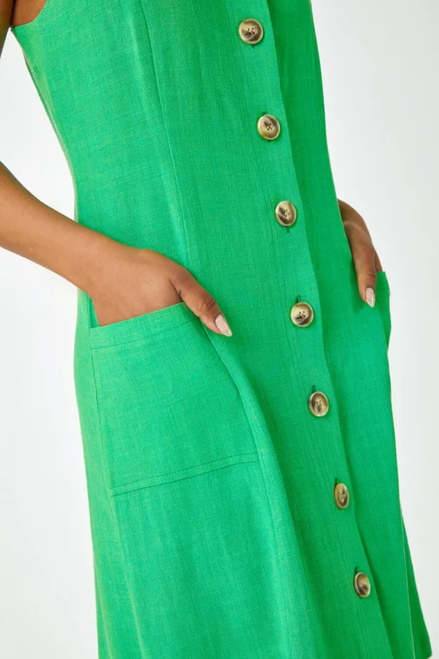 Women Green Petite Button Front Pocket Dress Roman Dresses