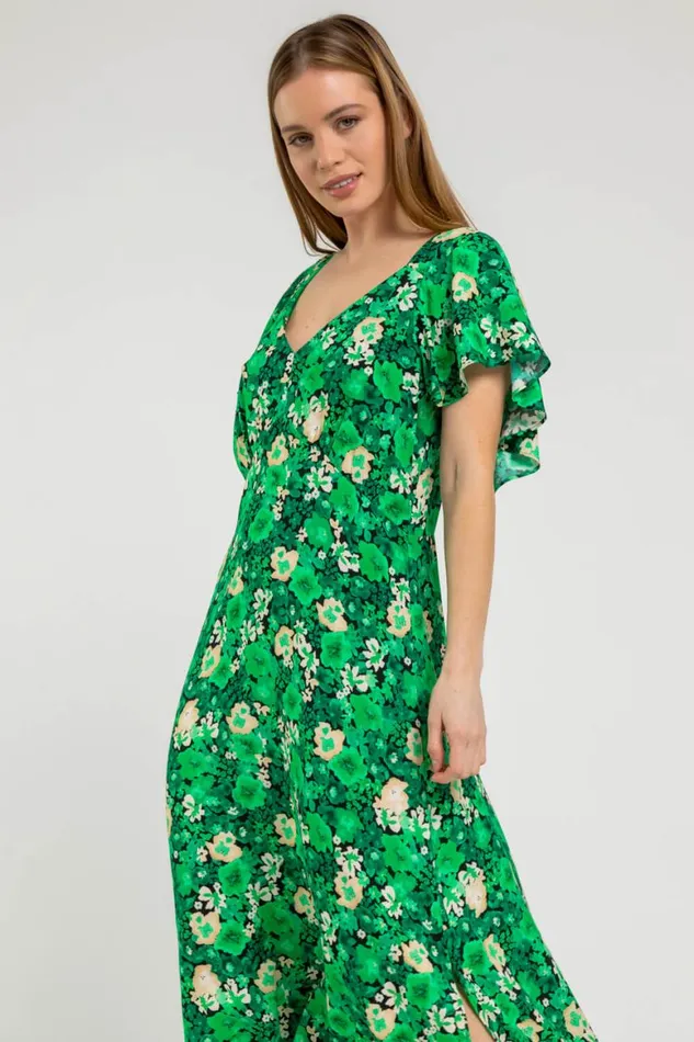 Women Green Petite Ditsy Floral Print Maxi Dress Roman Dresses