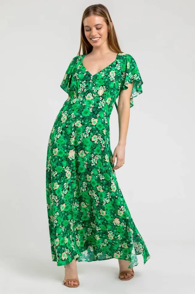 Women Green Petite Ditsy Floral Print Maxi Dress Roman Dresses