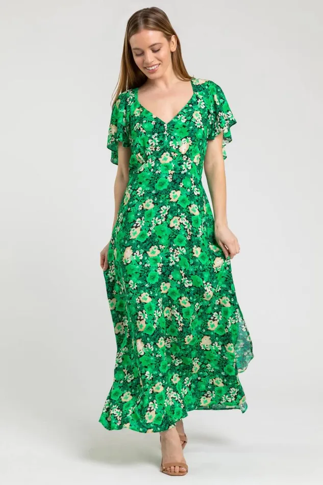 Women Green Petite Ditsy Floral Print Maxi Dress Roman Dresses