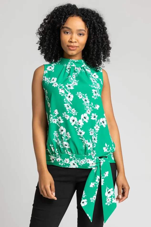 Women Green Petite Floral Print High Neck Tie Top Roman Tops
