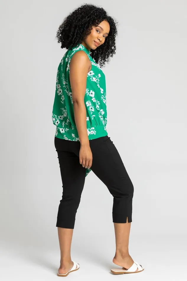 Women Green Petite Floral Print High Neck Tie Top Roman Tops