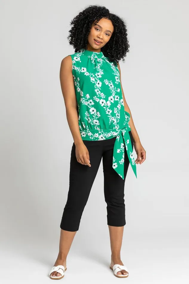 Women Green Petite Floral Print High Neck Tie Top Roman Tops