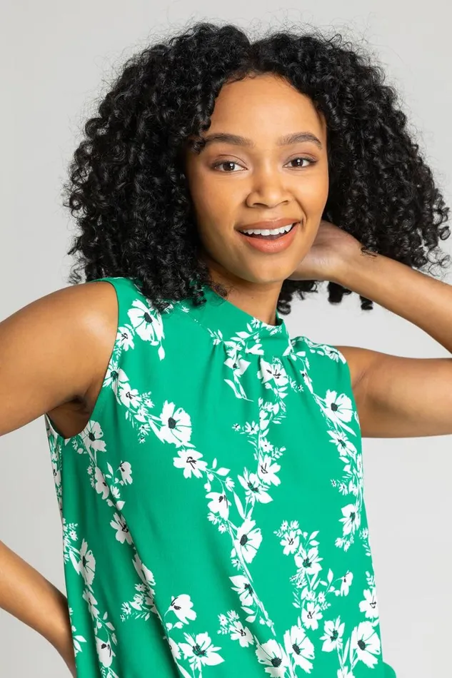 Women Green Petite Floral Print High Neck Tie Top Roman Tops