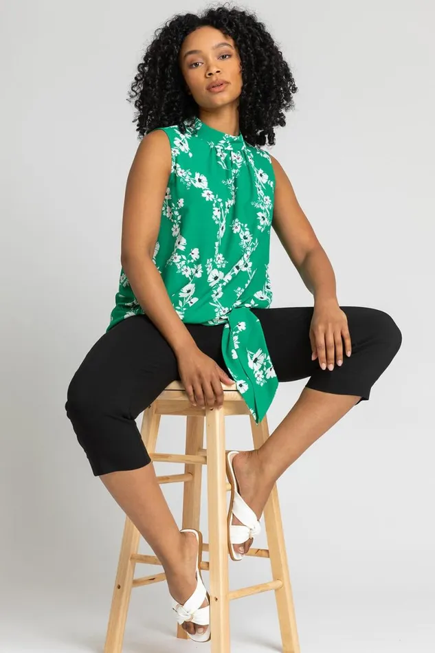 Women Green Petite Floral Print High Neck Tie Top Roman Tops