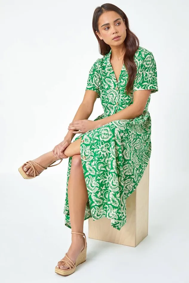 Women Green Petite Floral Print Midi Tea Dress Roman Dresses