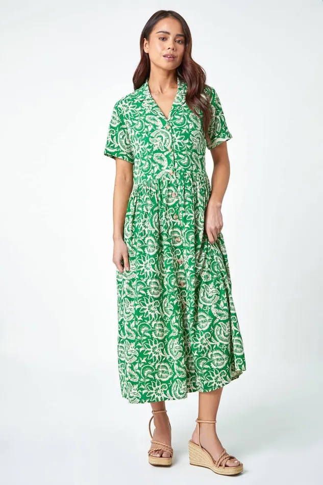 Women Green Petite Floral Print Midi Tea Dress Roman Dresses