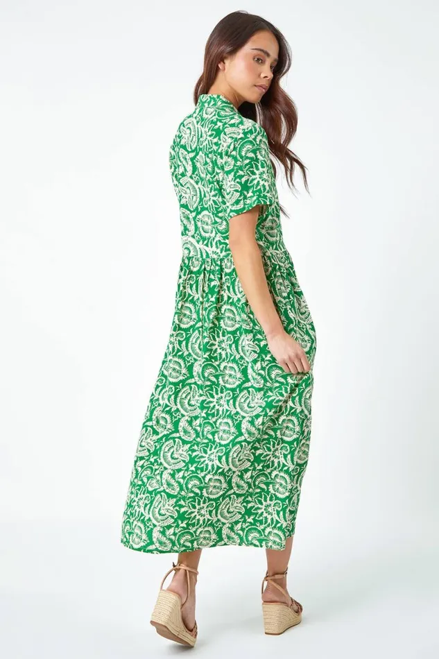 Women Green Petite Floral Print Midi Tea Dress Roman Dresses