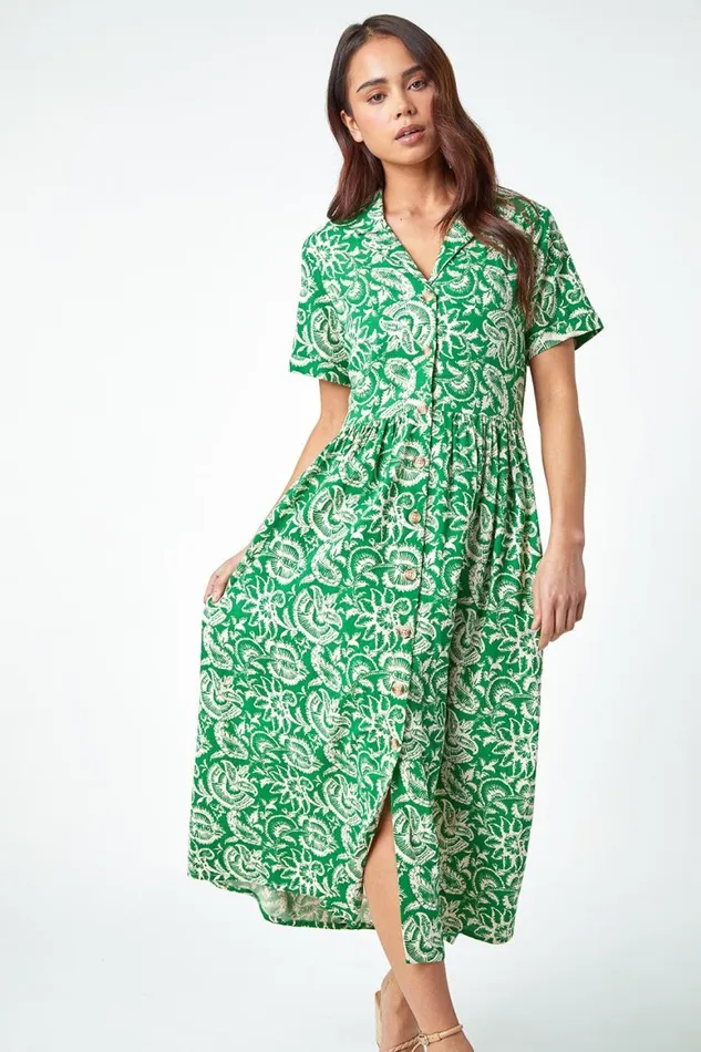 Women Green Petite Floral Print Midi Tea Dress Roman Dresses
