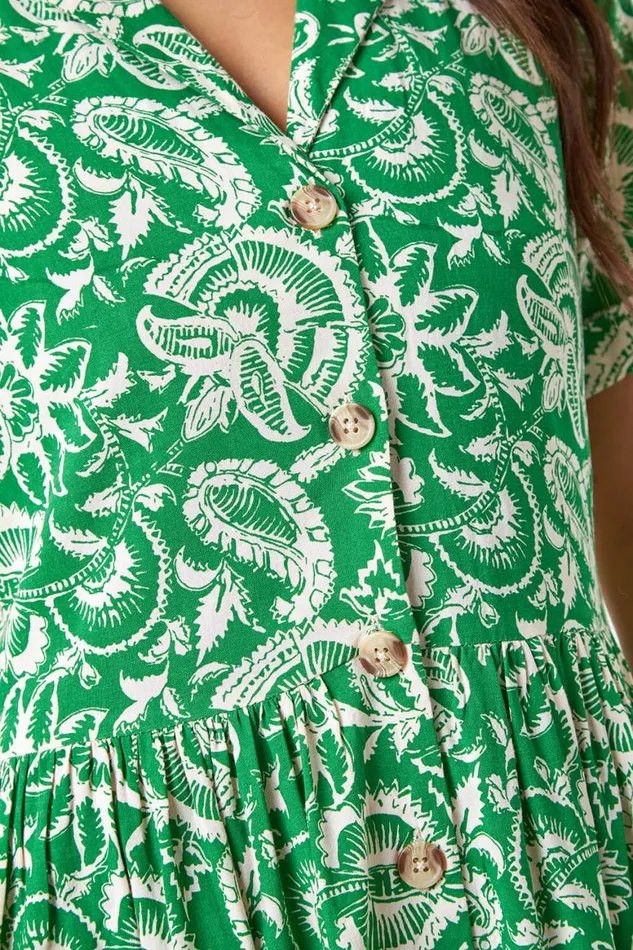 Women Green Petite Floral Print Midi Tea Dress Roman Dresses